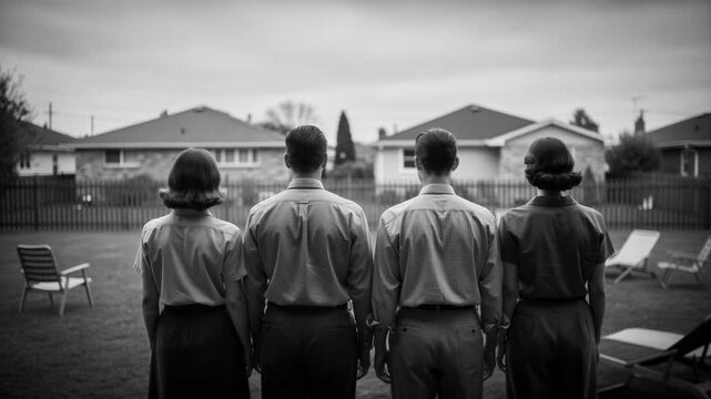 Black and white vintage backyard scene with four people standing side by side facing houses