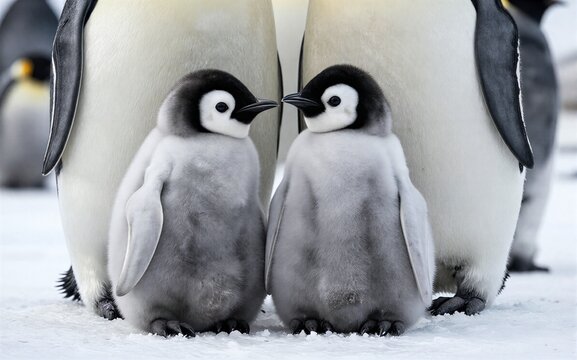 Three fluffy penguin chicks stand close with adults in the snowy