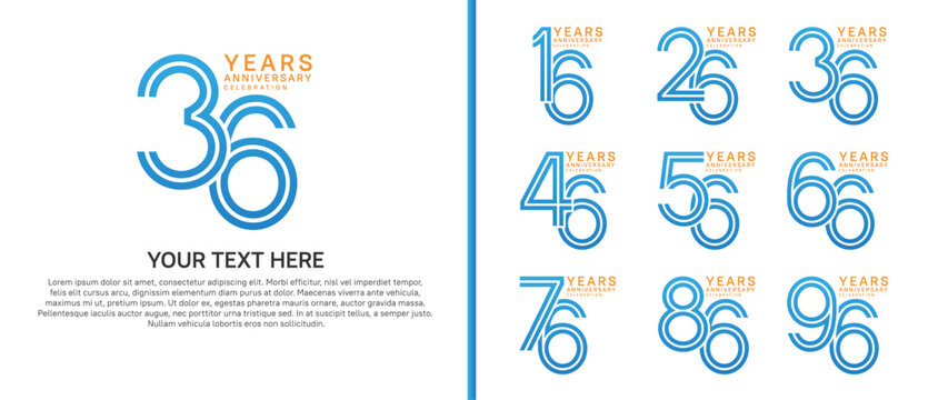 anniversary logo set multiple line style. blue and orange color on white background for celebration moment