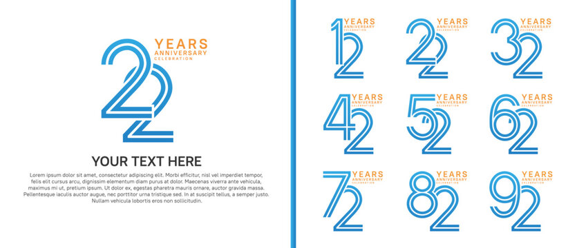 anniversary logo set multiple line style. blue and orange color on white background for celebration moment