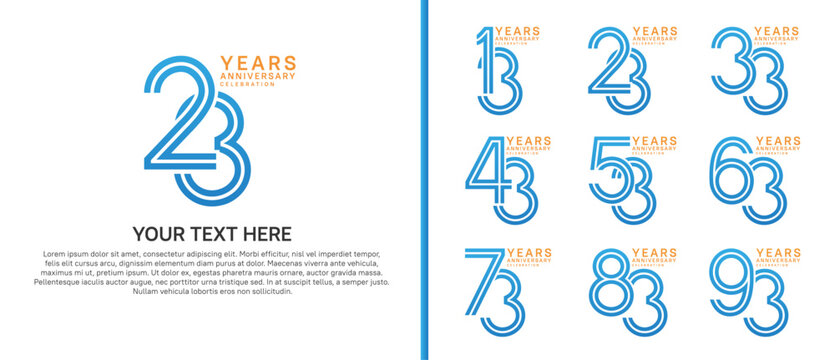 anniversary logo set multiple line style. blue and orange color on white background for celebration moment