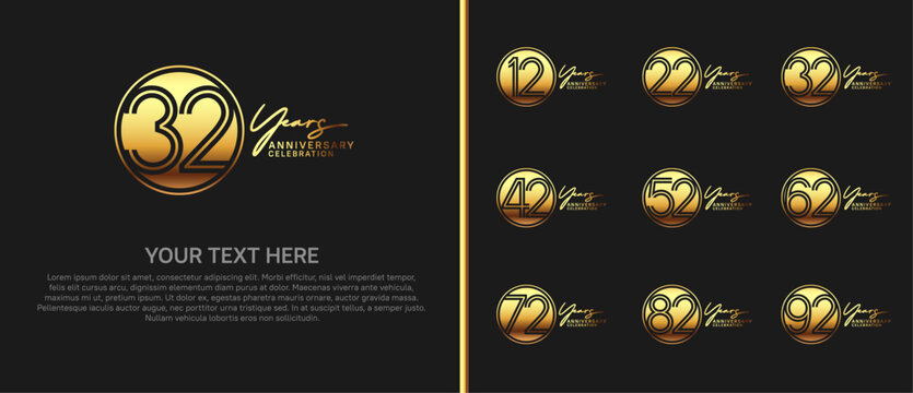 anniversary logo set with circle. gold color on black background for celebration moment