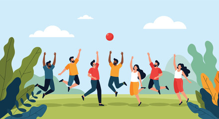 Obraz premium Group of joyful diverse friends jumping high and playing with a red ball in a lush green meadow under a bright blue sky.