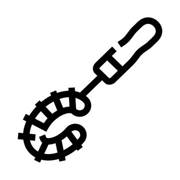 Kitchen beater featuring a sturdy handle and a curved whisking head, essential for preparing food, mixing ingredients, and stirring batters in culinary applications