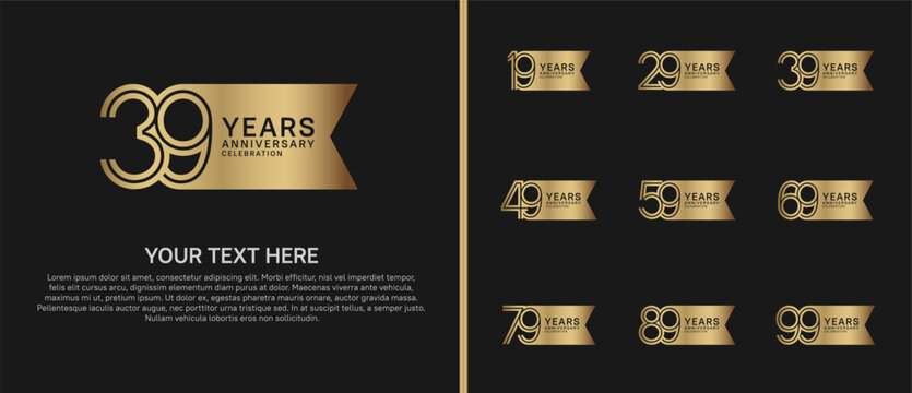 anniversary logo set with ribbon shape. gold color on black background for celebration moment