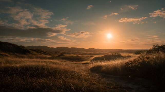 sun positioned in a way that distributes light evenly across all natural elements as the main subject + open landscape with unobstructed horizon + soft golden lighting evenly spread + wide shot using 