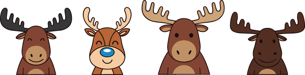 Cartoon moose and reindeer face character set with different styles cute forest animals vector illustration isolated on light background © MdMojnu