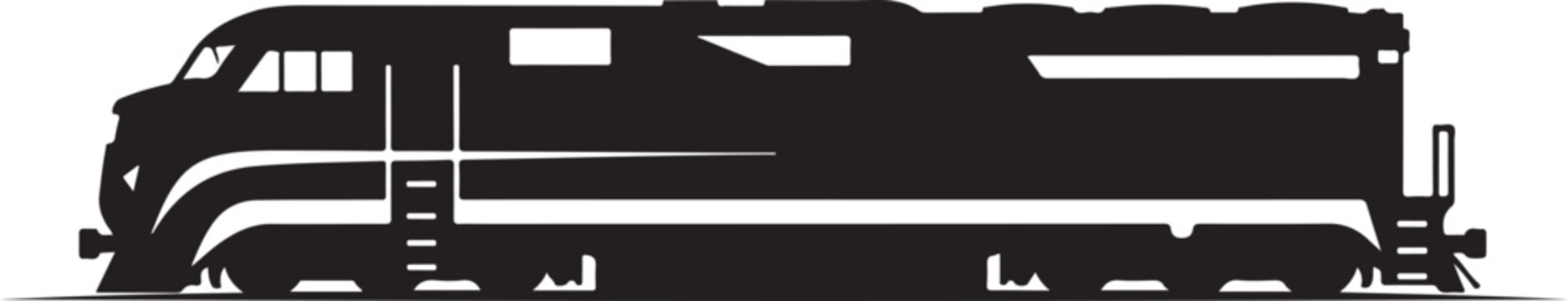 Black train locomotive, diesel engine, side view, vector silhouette, railroad transportation