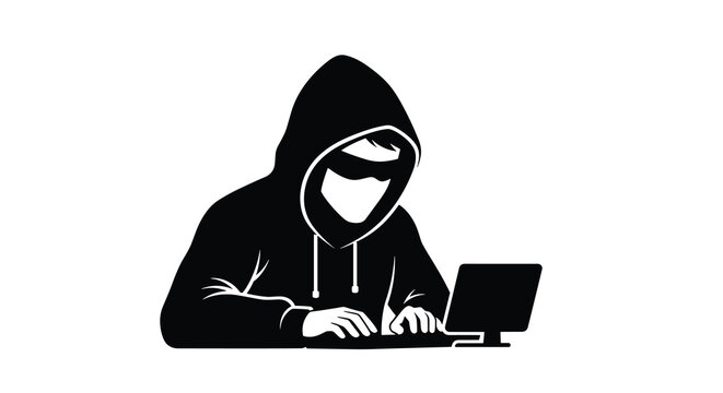 A black hooded silhouette figure types on a laptop computer in a dark and anonymous posture isolated against a plain white background with a minimalist high-contrast style.