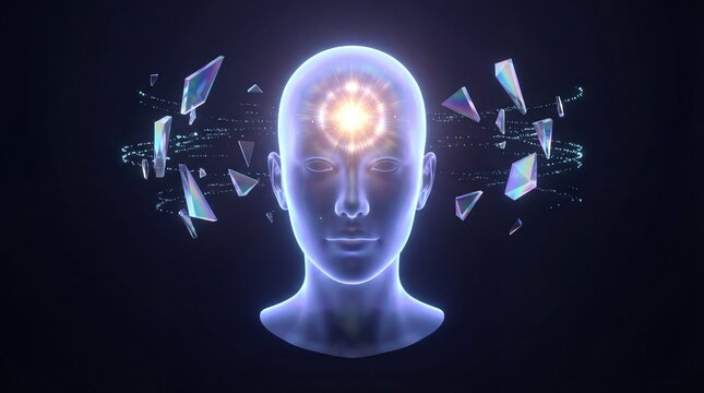 Human head with glowing orange brain surrounded by shattering screens