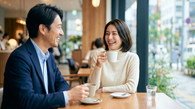 カフェで笑顔で会話を楽しむ日本人男女のカップル・夫婦・ディンクス