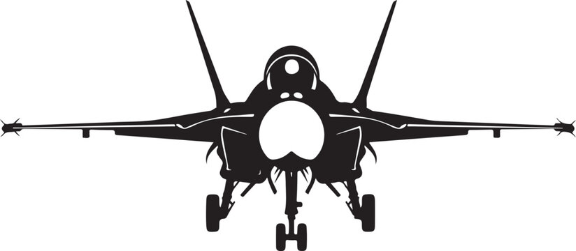 Military fighter jet, black aircraft, front view, silhouette illustration, vector fighter plane