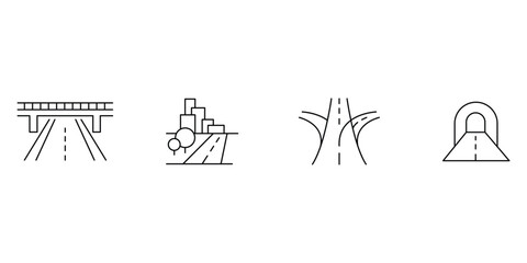 Fototapeta premium Traffic icon set featuring mountain tunnel road toll gate plaza with boom barrier street light pole and traffic surveillance camera vector illustration.