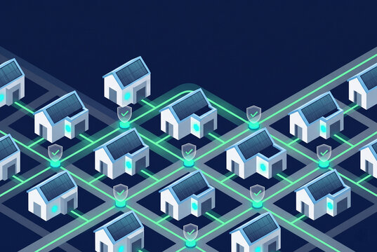 Peer to peer energy trading and decentralized microgrid flat illustration featuring renewable solar sharing and smart contract technology for neighborhood energy networks
