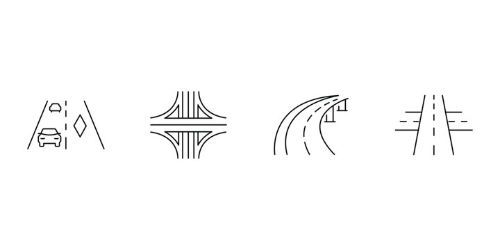 Traffic icon set featuring highway road with cars cloverleaf interchange bridge overpass and straight asphalt lane vector illustration for transportation.