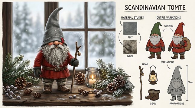 Scandinavian Christmas gnome character design concept sheet