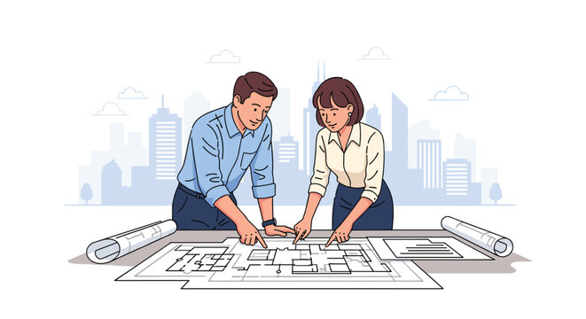 An architect and a designer examine large paper floor plans spread across a table while working in a bright office with a city skyline visible in the background.