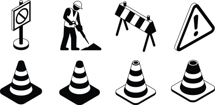 Set of road construction icons featuring worker digging traffic cones barrier and caution signs for safety and industrial projects vector