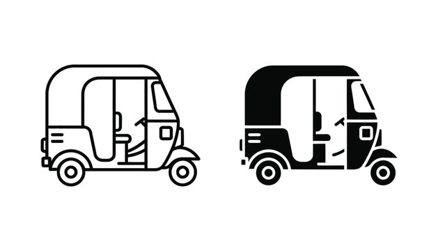 Auto rickshaw vehicle icon set featuring detailed line art and bold solid black silhouette for transportation and urban travel app interface design isolated on a clean white background