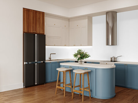 Contemporary Kitchen Wall Mockup PNG with Blue Island and Bar Stools, Transparent Background, Soft Shadows