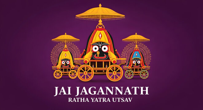 Bright decorated wooden chariot with mandala halo for indian rath yatra festival celebration graphic poster design
