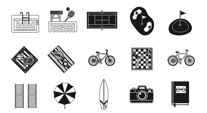 Collection of various leisure and sports icons for recreation and hobbies.