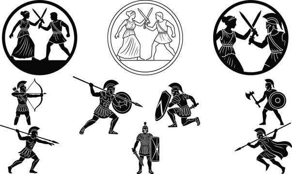 Ancient Greek and Roman warrior silhouettes collection, gladiators, archers, sword fighters, shields, historical battle action icons set