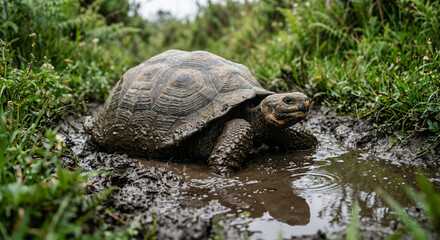Obraz premium A candid wildlife photo of a tortoise half-submerged in a dark, squelchy mud wallow. Thick, wet mud is plastered against its heavy limbs and the lower rim of its shell. 