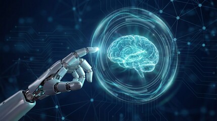 Obraz premium A robotic hand touches a glowing blue brain surrounded by digital circuits in a dark futuristic environment.