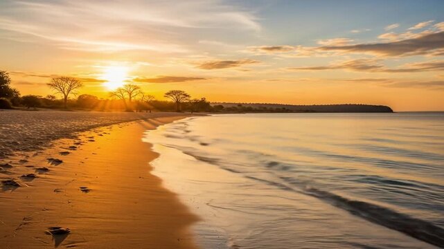Beach scene at sunset golden light bathes sand sea  trees