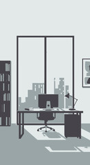 Fototapeta premium Modern office interior illustration desk computer city view day light