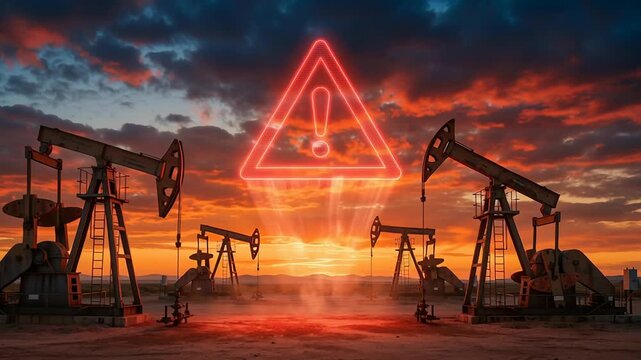 Global energy crisis impacts petroleum supply chain with oil barrel cargo and pumpjack operations under dramatic sunset sky causing cargo delays and shipping challenges