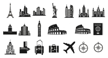 Obraz premium Collection of famous landmarks and travel icons in silhouette.