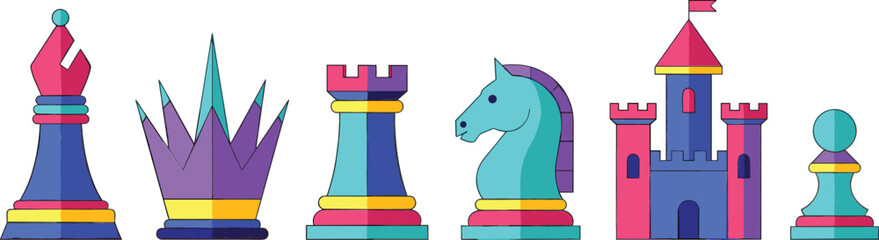 Colorful chess pieces set including king queen rook knight bishop and castle stylized board game elements vector illustration isolated on light background © MdMojnu