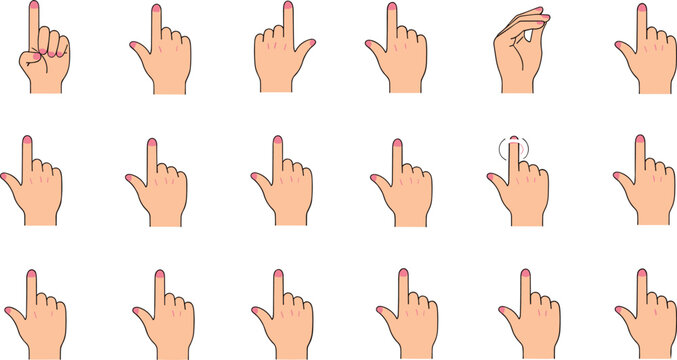 Hand gesture vector set featuring pointing finger positions and touch gestures for interface interaction in clean minimal illustration style