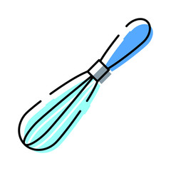 Obraz premium Kitchen whisk tool with blue handle and wires used for mixing, blending, and aerating ingredients in culinary practices, representing kitchenware and utensils
