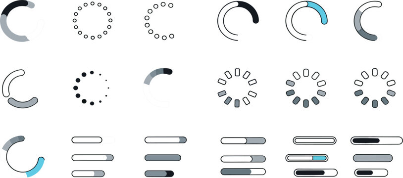 Loading Progress Indicator Set with Circular Spinners Bars Preloader UI Elements Vector Collection