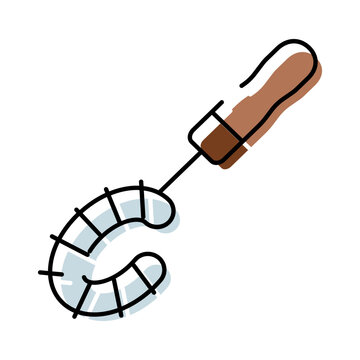 Fishing worm bait impaled on a hook with a handle, creating a simple line art icon with subtle color accents and a cast shadow, conveying outdoor hobbies and angling equipment