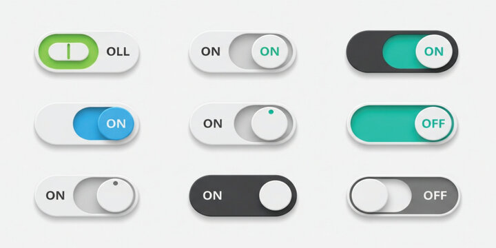 Modern Toggle Switch Button Set with On Off States User Interface Controls for Mobile App and Web Design Vector