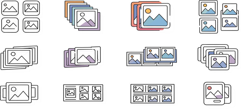 Photo Gallery Icon Set with Image Stack Album Pictures and Media Outline Vector Collection