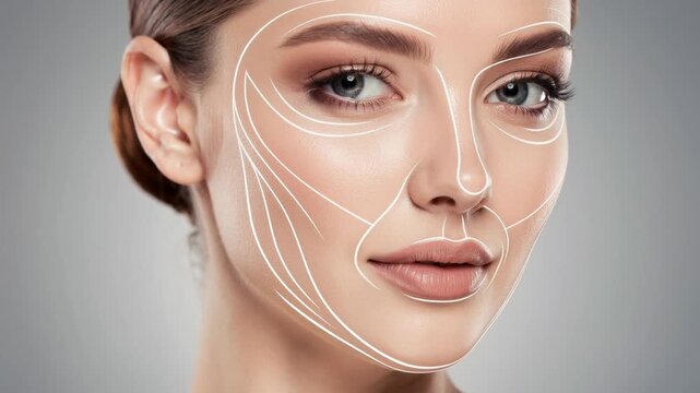 Close up of beautiful woman with facial contour lines for skin care and beauty treatment concept