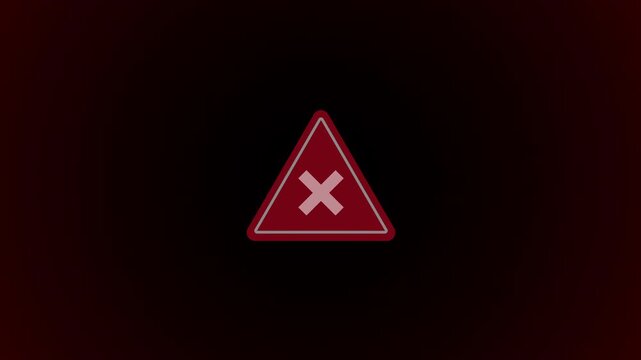 Animated triangle X warning sign on dark background with red glow. Cinematic scale-up fade effect. Perfect for error, alert, danger, dramatic scenes. 16:9 landscape.
