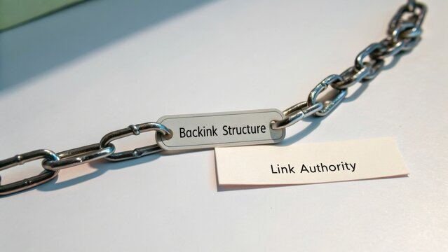Close-up of a metallic chain with a label reading Backlink Structure next to a paper note stating Link Authority, symbolizing digital marketing concepts.