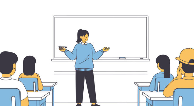 Teacher presenting lesson in front of students at school classroom environment