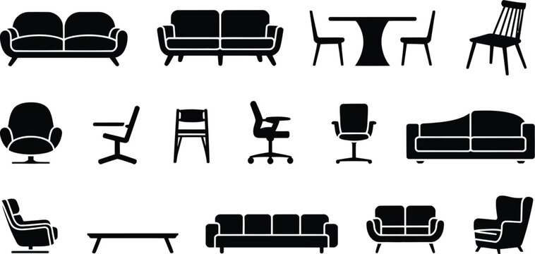 Furniture, modern silhouette set in section view including chairs sofas tables and armchairs, CAD style drawings vector illustration design.