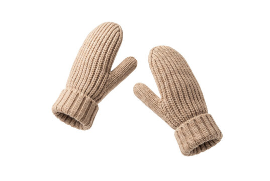 Pair of cozy beige knitted winter mittens