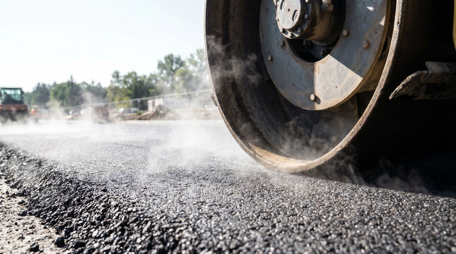 Road construction with steam rising from hot asphalt and heavy machinery roller compactor on a sunny day