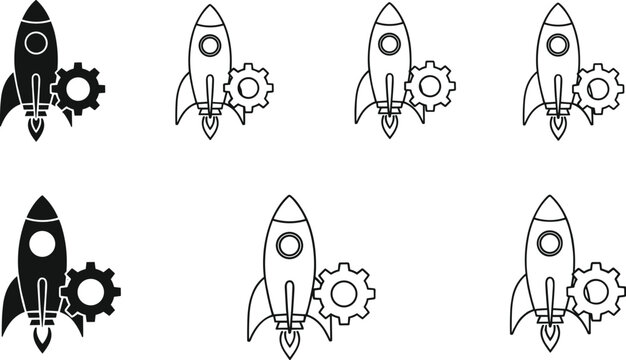 Rocket Launch and Startup Icon Set with Space Shuttle and Gear Symbols in Flat Outline and Solid Styles Vector Collection for Business Innovation Design