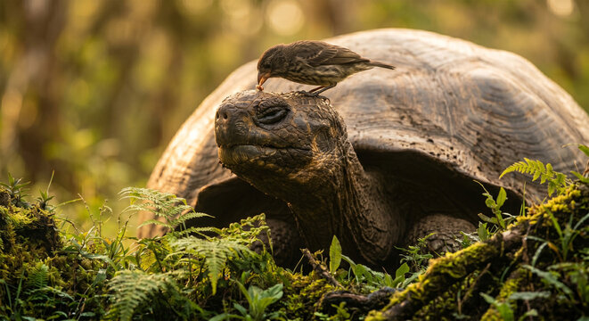 &nbsp;A heartwarming behavioral shot of a small Darwin&rsquo;s Finch perched atop the head of a giant tortoise, picking parasites from its skin. 