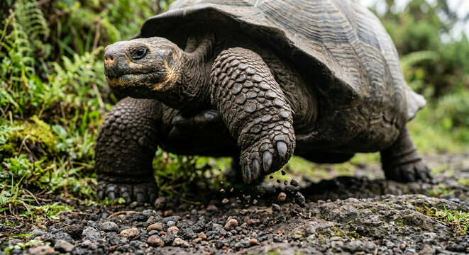 A dynamic, low-angle action shot capturing the moment a tortoise lifts one of its massive, elephantine feet to take a slow step. The focus is on the thick, scale-covered leg and the sharp claws.